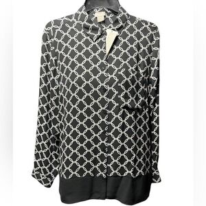 Chicos Overlapped Geos Print Top LS Woven Button Down Black White 570256687